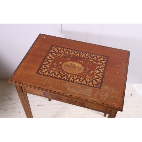 676 - Small floral inlay detail table with turned legs and stretcher, H 69cm, W 86cm, D 43cm, together wit... 