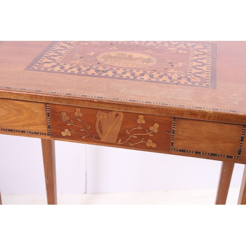 676 - Small floral inlay detail table with turned legs and stretcher, H 69cm, W 86cm, D 43cm, together wit... 