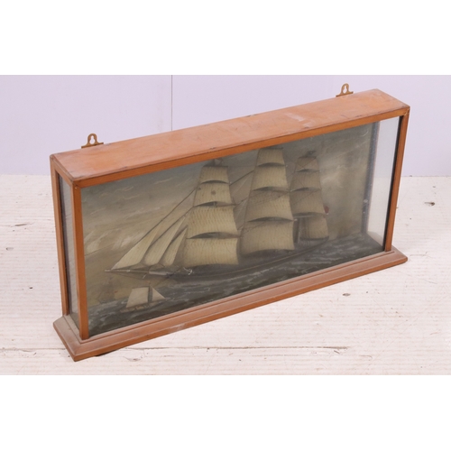 678 - Wooden glazed display case with painted 3D ship diorama, H 32cm, W 68cm, D 10cm