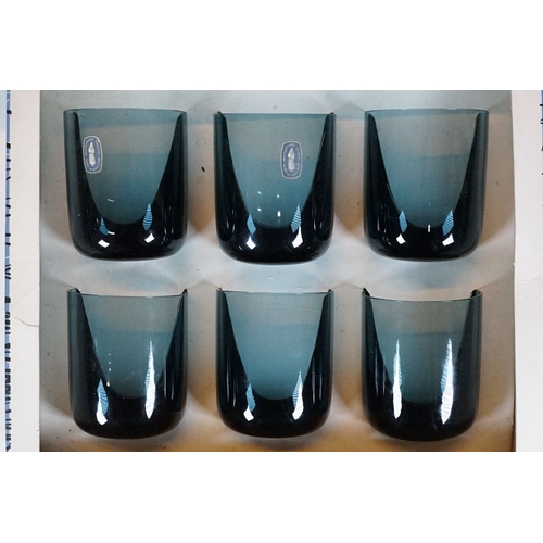 22 - Whitefriars set of six blue glasses in original Whitefriars box, two with blue and silver foil label... 