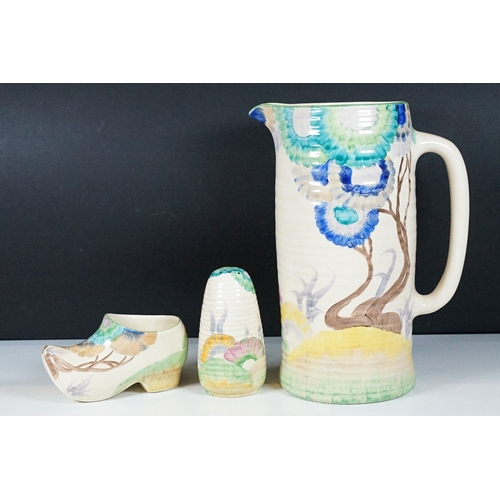 24 - Bizarre by Clarice Cliff large Art Deco hand painted jug in 'Rhodanthe' pattern, with a stylised tre... 