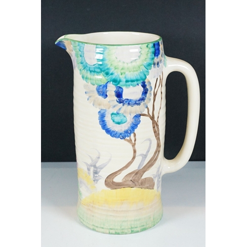 24 - Bizarre by Clarice Cliff large Art Deco hand painted jug in 'Rhodanthe' pattern, with a stylised tre... 