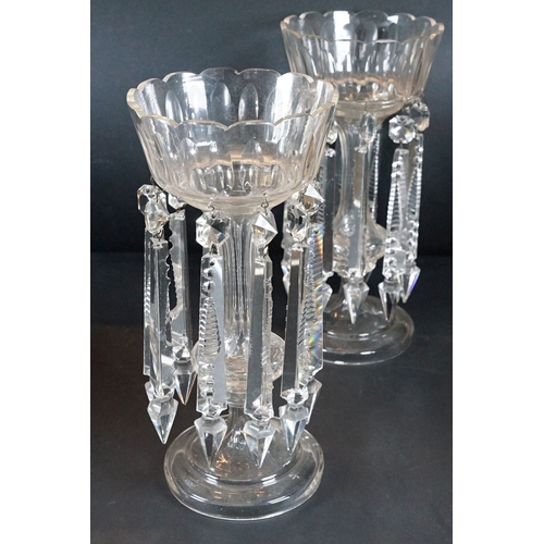 25 - Trio of antique cut glass lustres with prism droplets, two clear and one ruby glass example, tallest... 