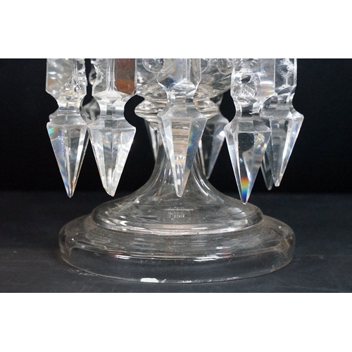 25 - Trio of antique cut glass lustres with prism droplets, two clear and one ruby glass example, tallest... 