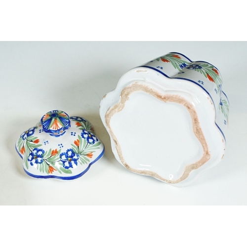 37 - Hand painted floral tea set on scalloped edge raised tray to include tea pot, two trefoil shape tea ... 