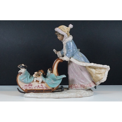 45 - Lladro matt finish 'Playful Push' sleigh ride winter girl and dogs under blanket figurine 2234, H 29... 