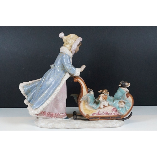 45 - Lladro matt finish 'Playful Push' sleigh ride winter girl and dogs under blanket figurine 2234, H 29... 