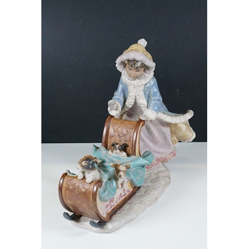 45 - Lladro matt finish 'Playful Push' sleigh ride winter girl and dogs under blanket figurine 2234, H 29... 