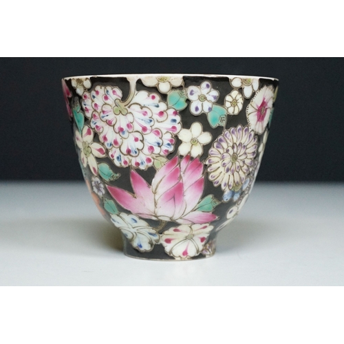 5 - Pair of 19th Century hand enamelled Chinese tea bowls, decorated with florals on a black ground. Bot... 