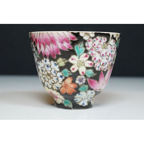 5 - Pair of 19th Century hand enamelled Chinese tea bowls, decorated with florals on a black ground. Bot... 