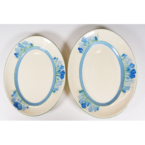 66 - Bizarre by Clarice Cliff 'Blue Crocus' pattern Art Deco hand painted oval serving plates, smallest W... 