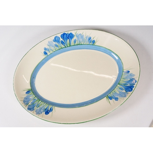 66 - Bizarre by Clarice Cliff 'Blue Crocus' pattern Art Deco hand painted oval serving plates, smallest W... 