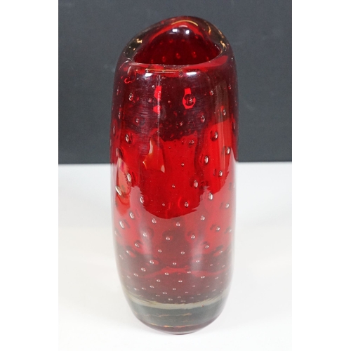 67 - Whitefriars style red ruby cased bubble glass flattened barrel shape vase, H 18.5cm