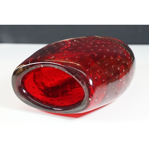 67 - Whitefriars style red ruby cased bubble glass flattened barrel shape vase, H 18.5cm