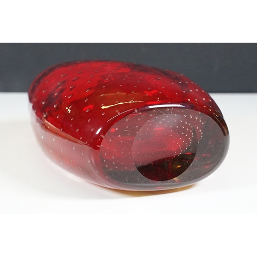 67 - Whitefriars style red ruby cased bubble glass flattened barrel shape vase, H 18.5cm