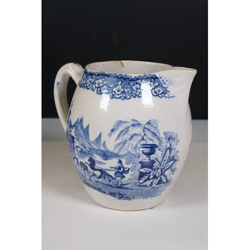 70 - TGG & Co Ltd blue and white tea pot with Chinese landscape scene together with a blue and white tran... 