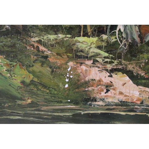 577 - 20th century landscape scene, woodlands, oil on canvas, indistinctly signed lower right, possibly F ... 