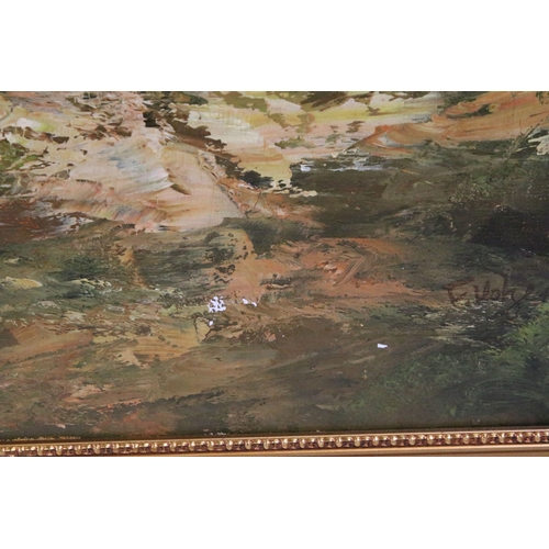 577 - 20th century landscape scene, woodlands, oil on canvas, indistinctly signed lower right, possibly F ... 