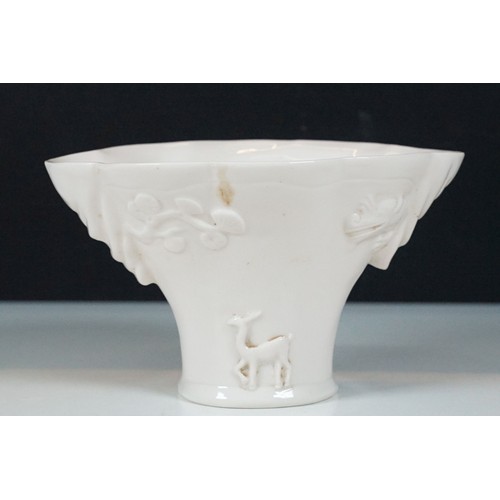 19 - Chinese Kangxi blanc de chine vase having a scalloped rim, with moulded deer, dragon and prunus deta... 