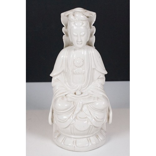 58 - Group of three Chinese blanc de chine figures to include two Guanyin figures and a male elder. Talle... 