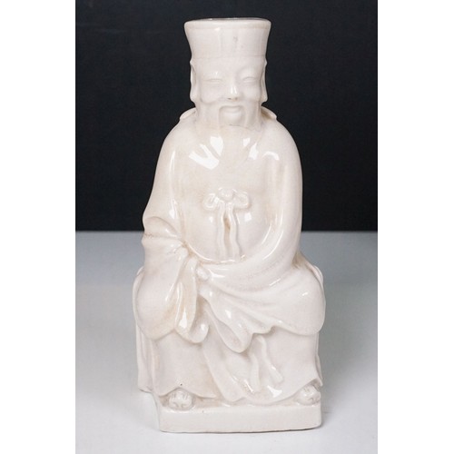 58 - Group of three Chinese blanc de chine figures to include two Guanyin figures and a male elder. Talle... 