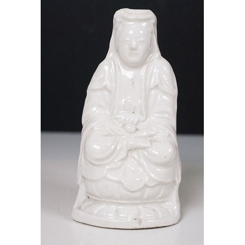 58 - Group of three Chinese blanc de chine figures to include two Guanyin figures and a male elder. Talle... 