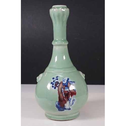 75 - Two Chinese celadon glaze vases to include a twin handles vase with dragon panel to front, together ... 