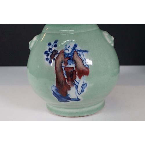 75 - Two Chinese celadon glaze vases to include a twin handles vase with dragon panel to front, together ... 