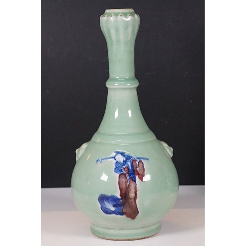 75 - Two Chinese celadon glaze vases to include a twin handles vase with dragon panel to front, together ... 