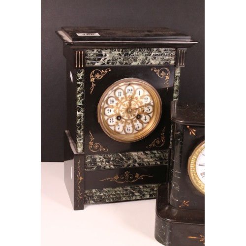 186 - Victorian slate two train mantel clock, with marble inlay, the enamel dial with Arabic numerals with... 