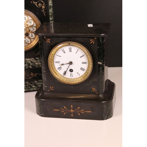 186 - Victorian slate two train mantel clock, with marble inlay, the enamel dial with Arabic numerals with... 