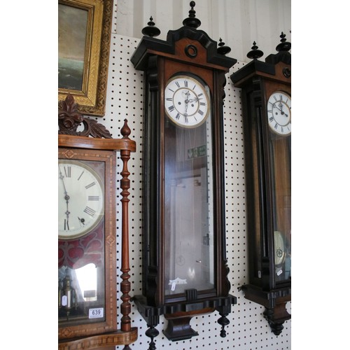 638 - Pair of early 20th century two train wall clocks, the enamel dials with Roman numerals and secondary... 