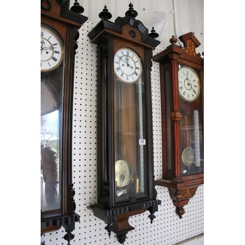 638 - Pair of early 20th century two train wall clocks, the enamel dials with Roman numerals and secondary... 