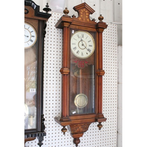 638 - Pair of early 20th century two train wall clocks, the enamel dials with Roman numerals and secondary... 