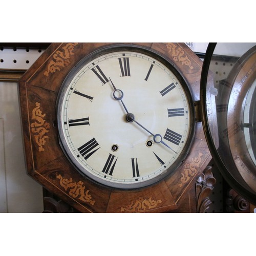 641 - Late 19th / early 20th century walnut two-train wall clock with parquetry inlay, the dial with Roman... 