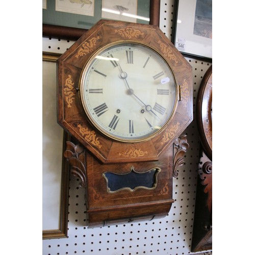 641 - Late 19th / early 20th century walnut two-train wall clock with parquetry inlay, the dial with Roman... 