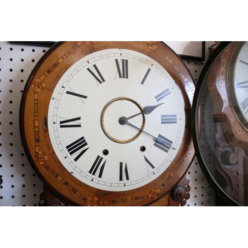 641 - Late 19th / early 20th century walnut two-train wall clock with parquetry inlay, the dial with Roman... 