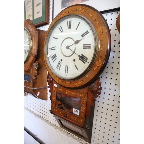 641 - Late 19th / early 20th century walnut two-train wall clock with parquetry inlay, the dial with Roman... 