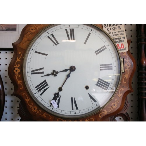 641 - Late 19th / early 20th century walnut two-train wall clock with parquetry inlay, the dial with Roman... 