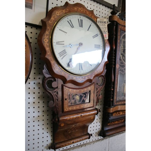 641 - Late 19th / early 20th century walnut two-train wall clock with parquetry inlay, the dial with Roman... 