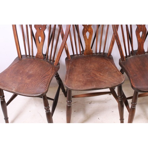 662 - Set of four oak wheel back chairs with turned legs and H shape stretcher, H 90cm