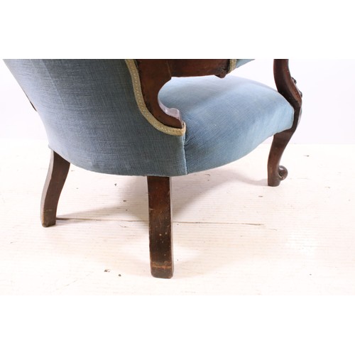 669 - 20th century mahogany blue button back arm chair on carved cabriole legs