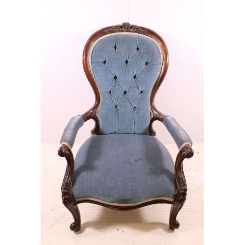 669 - 20th century mahogany blue button back arm chair on carved cabriole legs