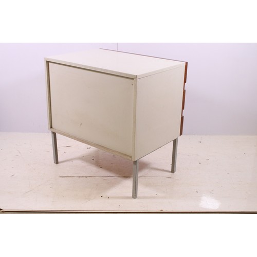 672 - Late 20th century Opus 22 three drawer cabinet on four metal legs, H 62cm, W 60cm, D 43cm