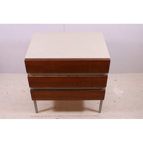 672 - Late 20th century Opus 22 three drawer cabinet on four metal legs, H 62cm, W 60cm, D 43cm