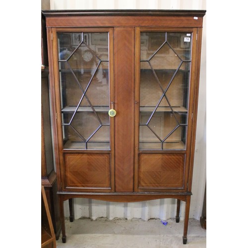 718 - 20th century inlay detail glass display cabinet with geometric design glazed doors opening to reveal... 