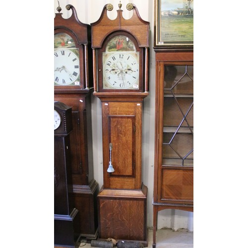 719 - 19th century oak two train longcase clock, with swan neck pediment above painted dial with Roman num... 