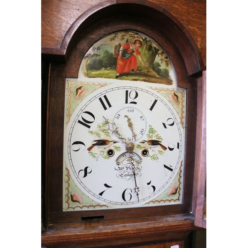 719 - 19th century oak two train longcase clock, with swan neck pediment above painted dial with Roman num... 