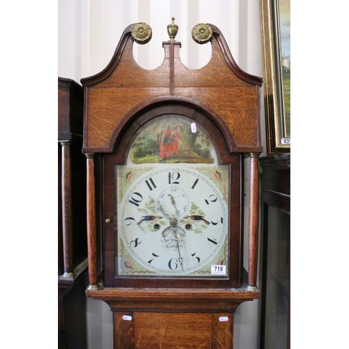 719 - 19th century oak two train longcase clock, with swan neck pediment above painted dial with Roman num... 