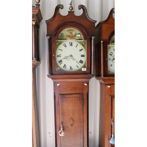 720 - 19th century oak longcase timepiece (clock), with swan neck pediment above painted dial with Roman n... 